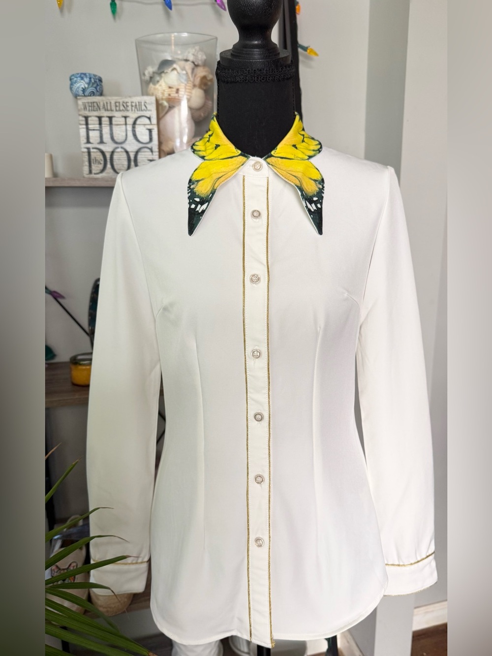 CAMONI Butterfly Wing Collar Blouse White Long Sleeve  Art to Wear Whimsigoth S